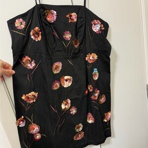 Anthropologie Black Mini Dress with Multicolor Sequin Floral Appliqués